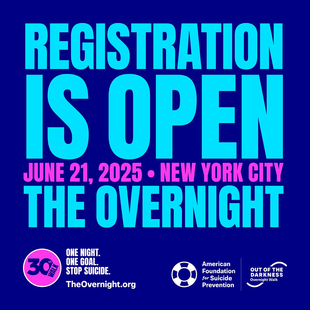 AFSPAZ's tweet photo. Join thousands of passionate walkers on June 21, 2025, in New York City for The Overnight Walk—a powerful, one-night event where we walk together to fight suicide. 💙
Register: https://t.co/Tda0wkjemR https://t.co/5kpOxPDrwM