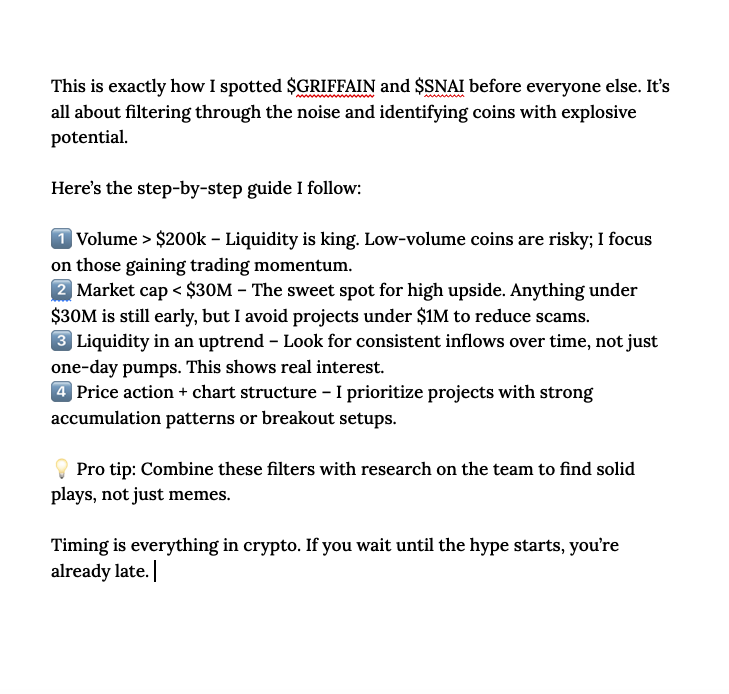 cyrilXBT's tweet photo. The simple but effective way I found AI agent #GRIFFAIN and $SNAI before everyone else. https://t.co/BbmB43kY8e