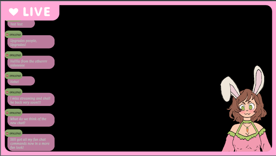 0PixlePix's tweet photo. Been busy behind the scenes during my break. 
Can’t wait to see you bunnies soon! 💕

Please show these amazing people some love for their F2U Overlays!  
Bubble Chat Overlay by @HexeumGFX 
Heart Thumb Boarder by @akamestudio https://t.co/oblditqQeL