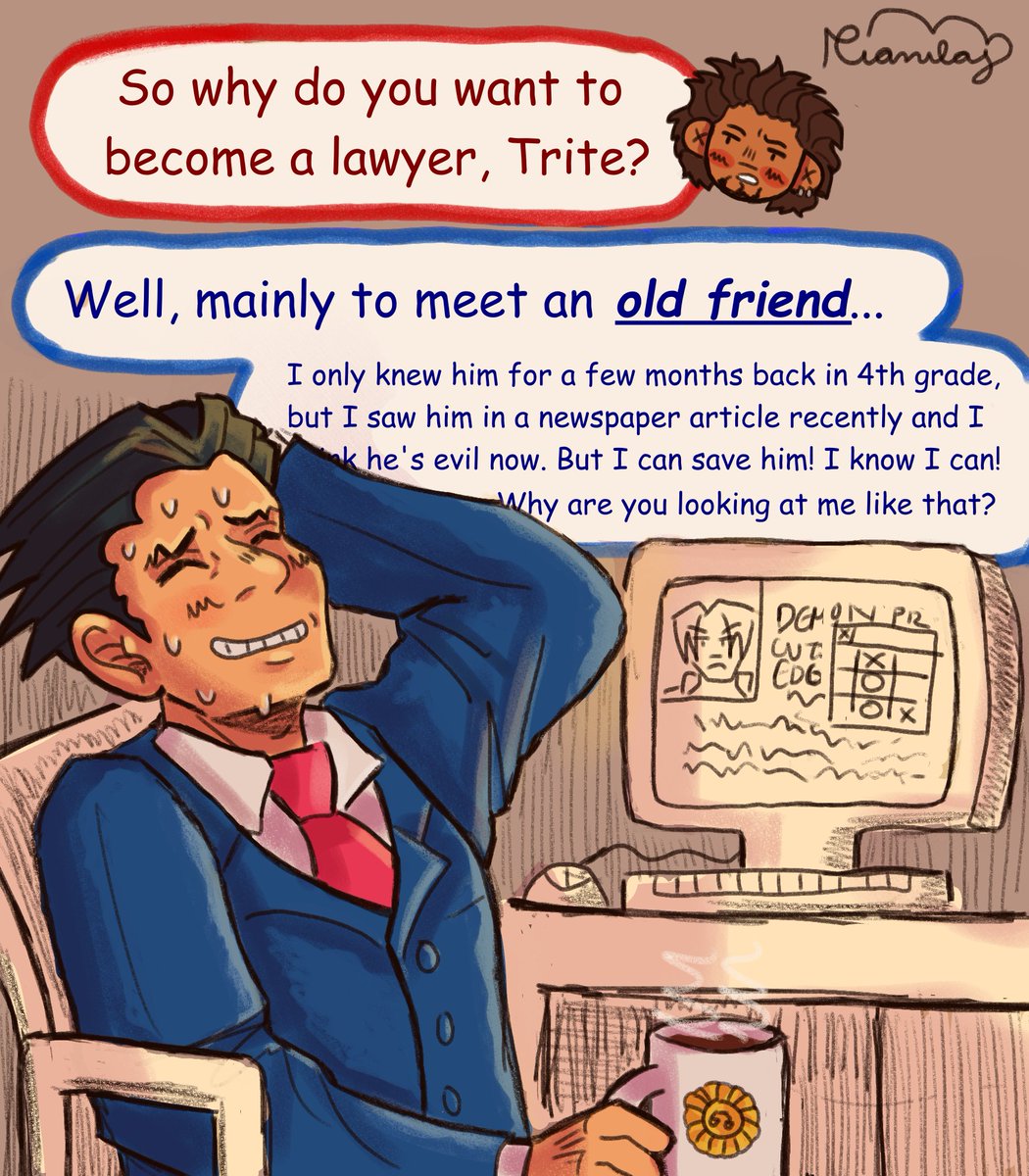 rian2laj's tweet photo. #miego #phoenixwright #aceattorney au where mia and diego are living happily ever after and phoenix just started working at fey &amp; co. and they all drink coffee and chat together <3 https://t.co/wZBHsCyE0R
