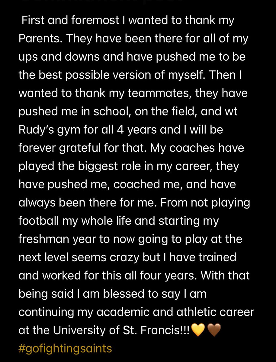 #AGTG After a great conversation with <a href="/JcurryJoe/">Joe Curry</a> and a great visit at <a href="/USFSaintsFB/">Fighting Saints Football</a> I am blessed to say I have committed to the University of St. Francis!!!! 
<a href="/coachmiller3634/">Tom Miller 🇺🇦</a> <a href="/CoachKNorton/">Kristopher Norton</a> <a href="/HilltoppersFB/">JCA Football</a> <a href="/rudysgymjoliet/">Rudysgymjoliet</a>
