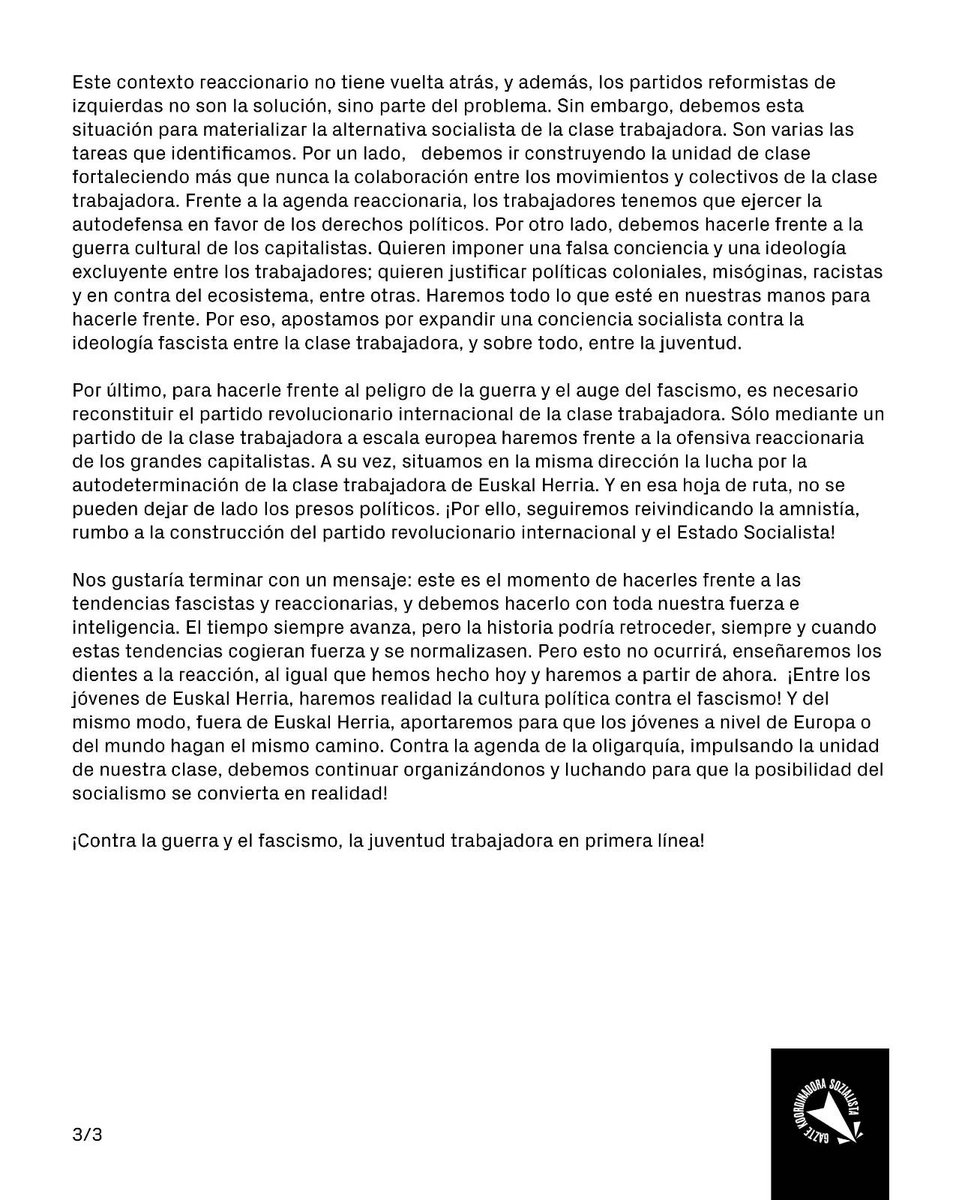 Ayer miles de jóvenes nos movilizamos contra la guerra y el fascismo.

Frente a la agenda reaccionaria de la oligarquía y reforzando la unidad de clase, debemos luchar a favor del socialismo.

Los jóvenes trabajadores estaremos en primera línea.

📝 Aquí la lectura política: