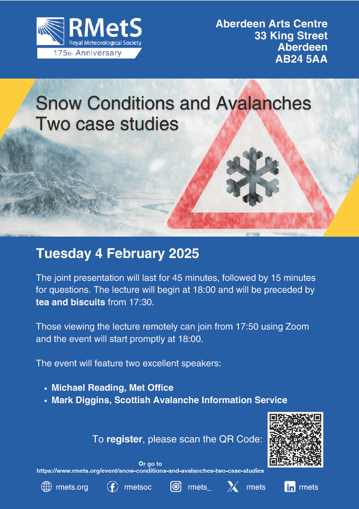 RMetS_Scotland's tweet photo. Join us in Aberdeen or online for our February meeting and hear from Michael Reading (Met Office) and Mark Diggins (Scottish Avalanche Information Service)  @coordinatorsais @metoffice @markdiggins https://t.co/53UJzG5ZJx