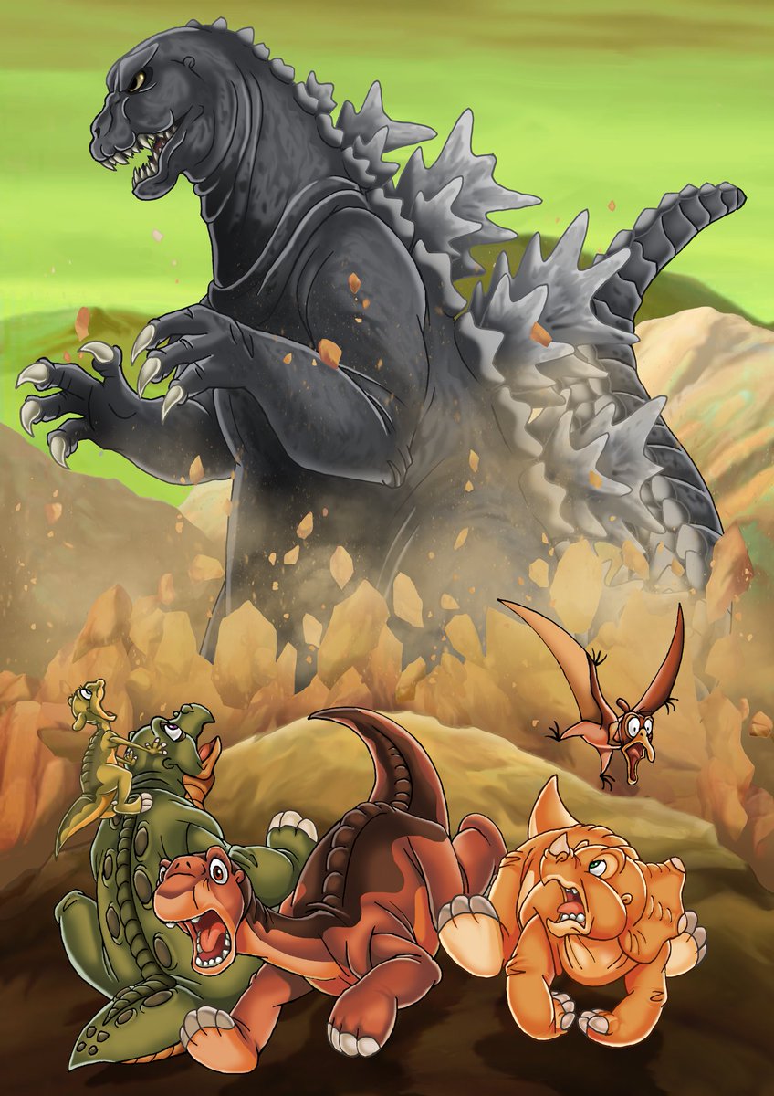 LoganRidenbaugh's tweet photo. A little piece I commissioned where the Land Before Time gang meet Godzilla, who accidentally stumbled through a time warp and ended up buried in the mysterious beyond, before emerging from the ground and scaring Littlefoot and his friends who run away in terror! https://t.co/nmCDDOS3PI