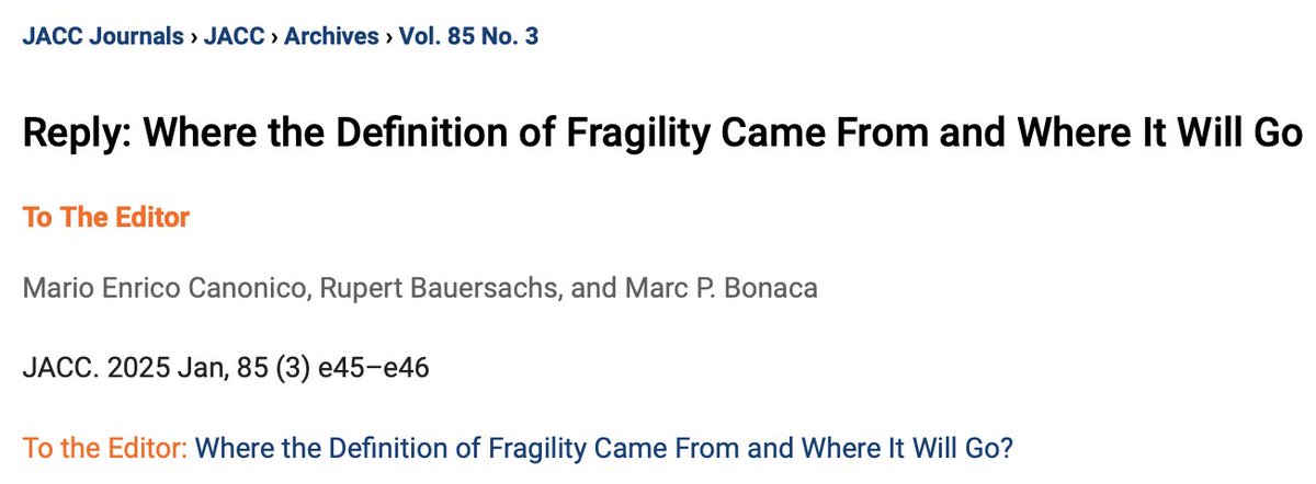 Mario Enrico Canonico (@me_canonico) on Twitter photo The definition & management of fragility remain a challenge in PAD. <a href="/MarcBonaca/">Marc Bonaca MD MPH</a> <a href="/cpcresearch/">CPC Clinical Research</a> <a href="/CUDeptMedicine/">CU Department of Medicine</a>
Attached is a recent thread of papers in <a href="/JACCJournals/">JACC Journals</a> <a href="/ACCinTouch/">American College of Cardiology</a>
jacc.org/doi/10.1016/j.…
jacc.org/doi/10.1016/j.…
jacc.org/doi/10.1016/j.…
jacc.org/doi/epdf/10.10… The definition & management of fragility remain a challenge in PAD. <a href="/MarcBonaca/">Marc Bonaca MD MPH</a> <a href="/cpcresearch/">CPC Clinical Research</a> <a href="/CUDeptMedicine/">CU Department of Medicine</a>
Attached is a recent thread of papers in <a href="/JACCJournals/">JACC Journals</a> <a href="/ACCinTouch/">American College of Cardiology</a>
jacc.org/doi/10.1016/j.…
jacc.org/doi/10.1016/j.…
jacc.org/doi/10.1016/j.…
jacc.org/doi/epdf/10.10…