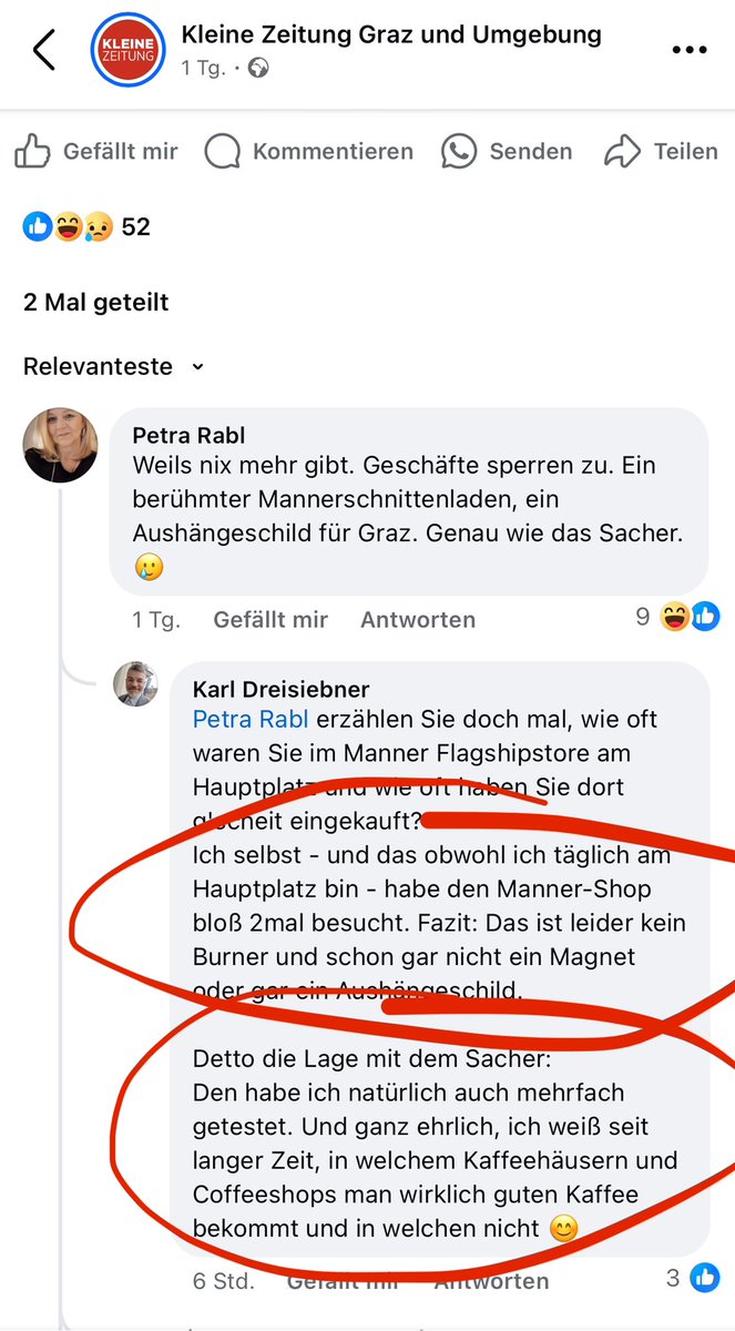 Wie der Klubobmann der <a href="/grazergruene/">Grazer Grüne</a> - <a href="/KDreisiebner/">karl dreisiebner</a> - über Traditionsunternehmen wie Sacher und @MannerAG herzieht … die wirtschaftsfeindliche Linie von Rotrotgrün in der <a href="/GrazStadt/">Stadt Graz</a> live in der <a href="/kleinezeitung/">Kleine Zeitung</a> … <a href="/WB_Stmk/">Wirtschaftsbund STMK</a>
