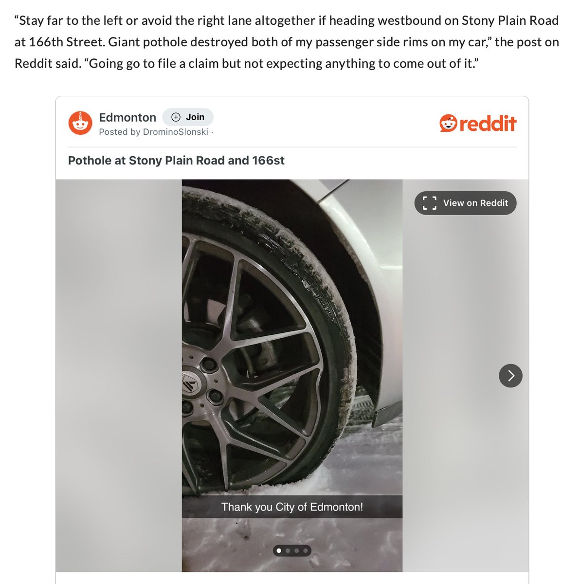 EdmPotHole's tweet photo. #Edmonton 166 Street and Stony Plain Rd:  but really, they are everywhere. #yegcc #yeg #edm #potholes https://t.co/woRVwWcBU1
