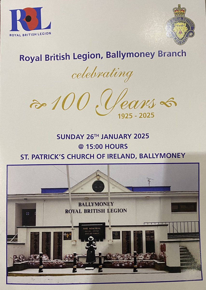 JimAllister's tweet photo. Honoured as local MP to attend, along with TUV colleagues Cllr Allister Kyle & Cllr Jonathan McAuley, the special service to mark 100 years of Ballymoney Branch of the Royal British Legion.
In reaching this milestone Ballymoney Branch can look back with pride on a century of service to the veteran community in the district,
Well done!