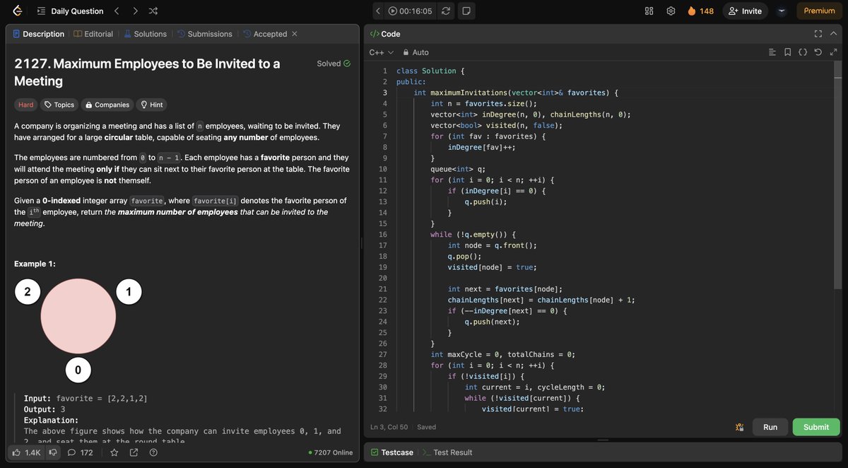 Shubham42373569's tweet image. Days 134 &amp;amp; 135 

🔹 GfG:
✅ Find the First Node of Loop in a Linked List  🔄🔍
✅ Remove Loop in Linked List  ✂🔗
🔹 LeetCode: 
✅ Make Lexicographically Smallest Array by Swapping Elements🔢📈
✅ Maximum Employees to Be Invited to a Meeting 🏢
#CodingJourney #DSA #LinkedLists