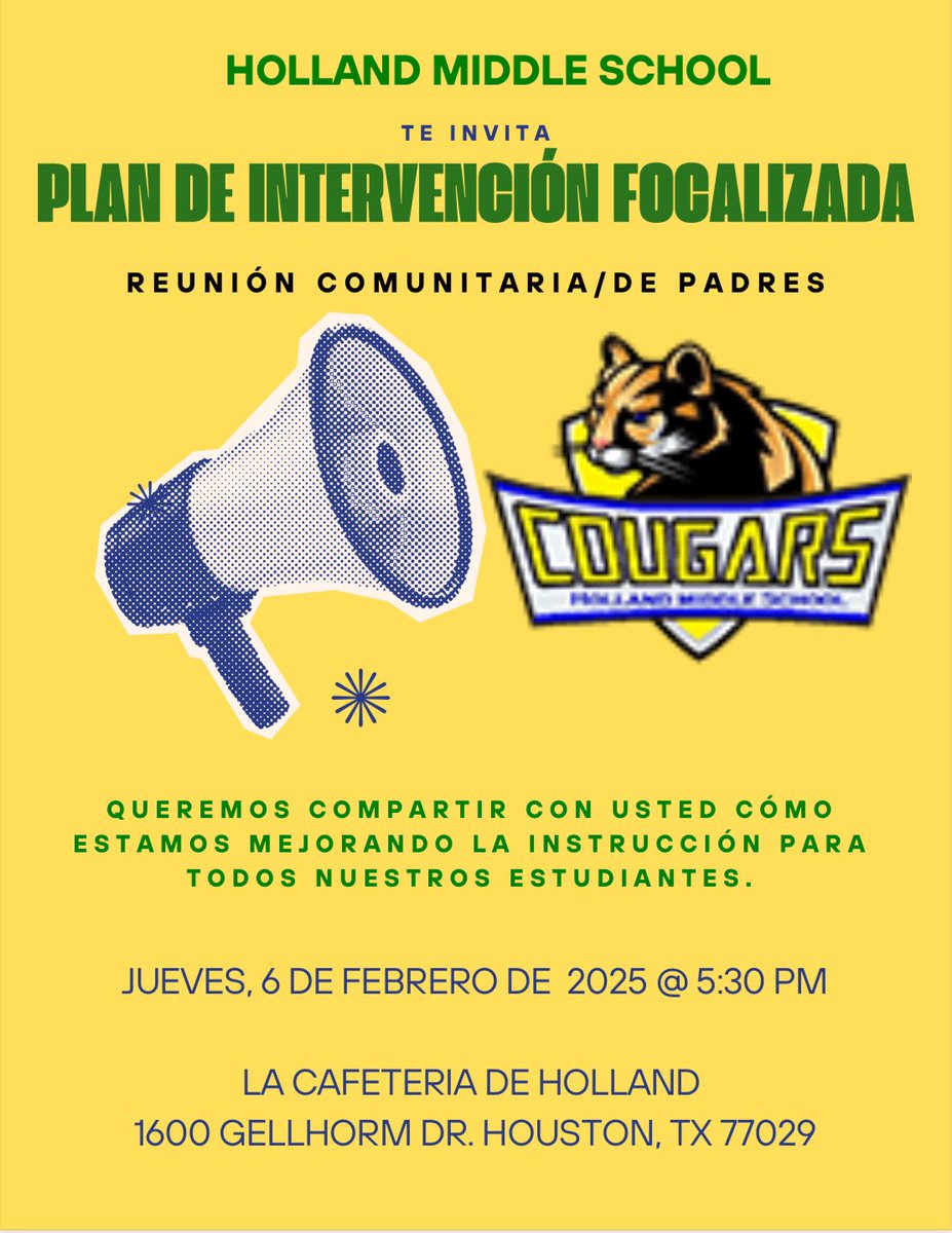 📣 Join us for the Targeted Intervention Plan Community/Parent Meeting! 🐾 

We're excited to share how Holland Middle School is enhancing instruction for all our Cougars. 

Mark your calendars for Thursday, February 6, 2025, at 5:30 PM in the Holland Cafeteria.