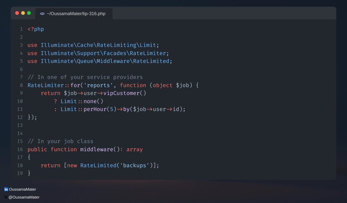Laravel Tip 💡: Rate Limit Jobs

Have you ever needed to rate-limit a job? Whether to avoid overwhelming an API or to limit free plan users from running too many jobs, Laravel allows you to define rate limiters and use them out of the box 🚀

#laravel