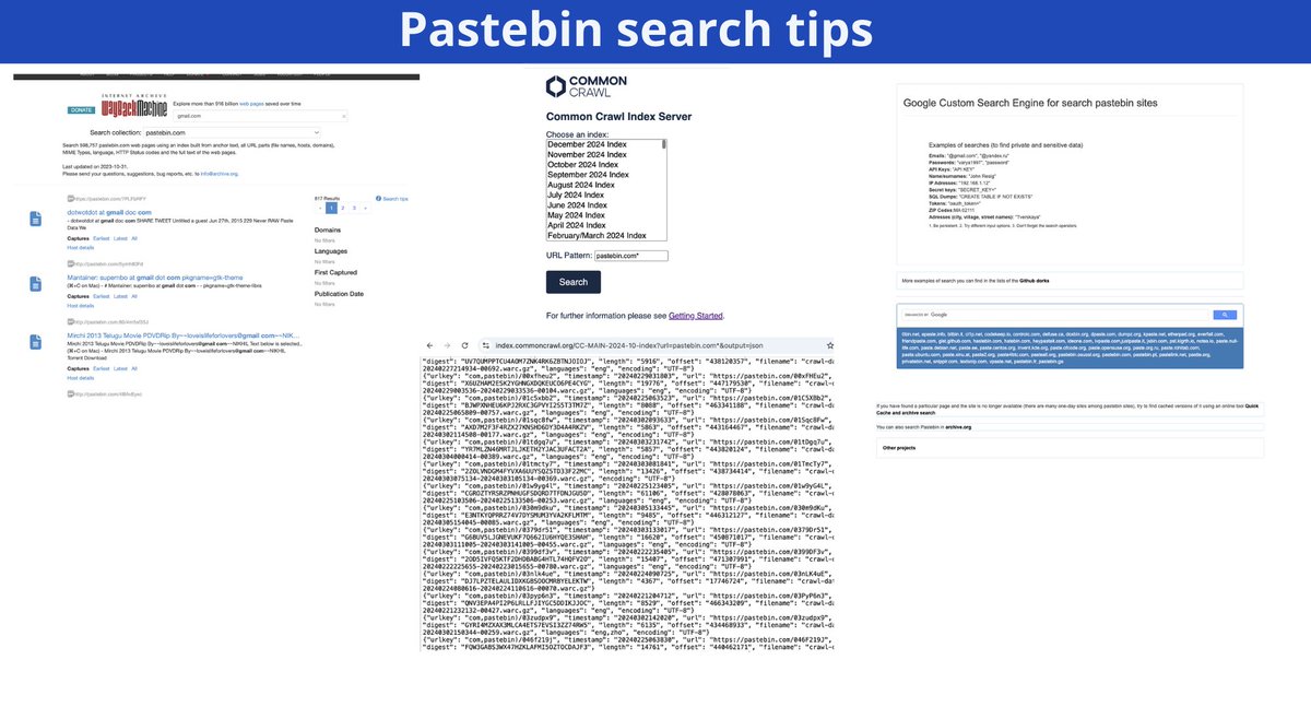 cyb_detective's tweet image. Pastebin search tips
1. Search by keywords in archive org collection search web.archive.org/collection-sea… (last update 2023)
2. Search fresh pastes links in index.commoncrawl.org
3. Search in Pastebin and dozens other paste sites with this Google CSE:
cybdetective.com/pastebin.html