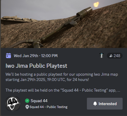Just now saw that <a href="/Join_Squad44/">SQUAD 44 - WWII milsim</a> announced ANOTHER playtest for Iwo Jima. Super stoked for this and the release of Iwo Jima, hopefully in February.

Will I see you on Iwo Jima??

#squad44 #iwojima