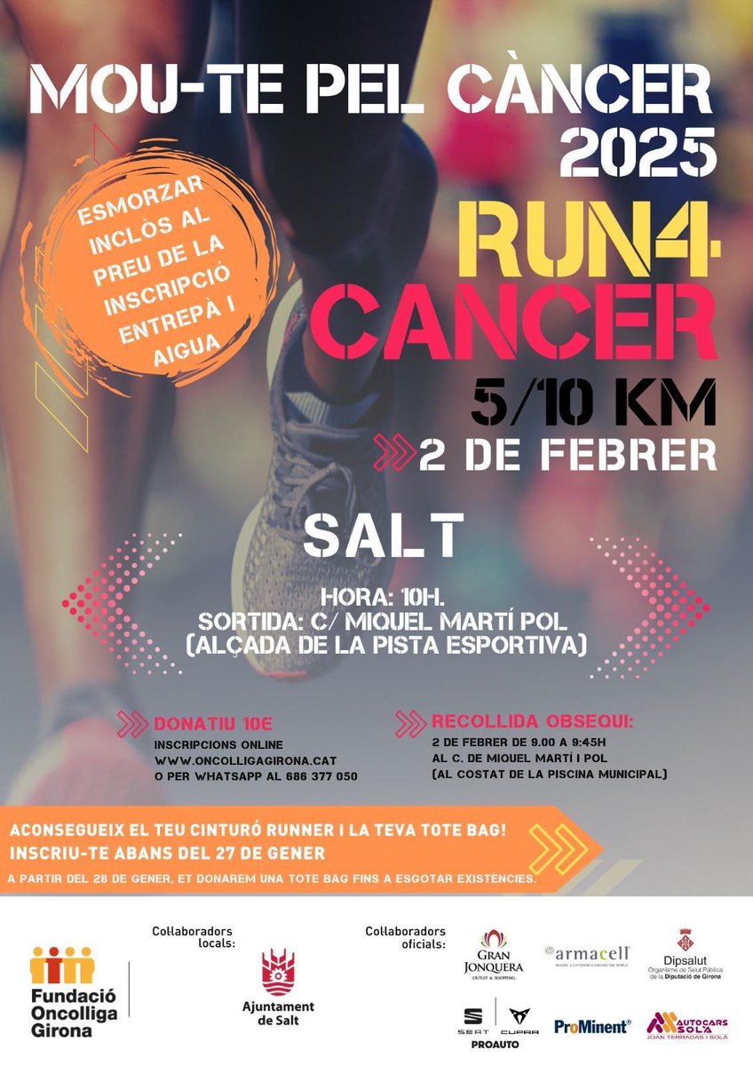 SergiFabri's tweet photo. 🔊🔊 El proper diumenge tenim una cita inexcusable a #Salt 

#Run4Cancer en benefici dels malalts per càncer. 💪🏻💪🏻💪🏻 

Da igual si corres o caminas,  lo importante es avanzar. 🏃‍♀️🚶 https://t.co/abLesZsS9W