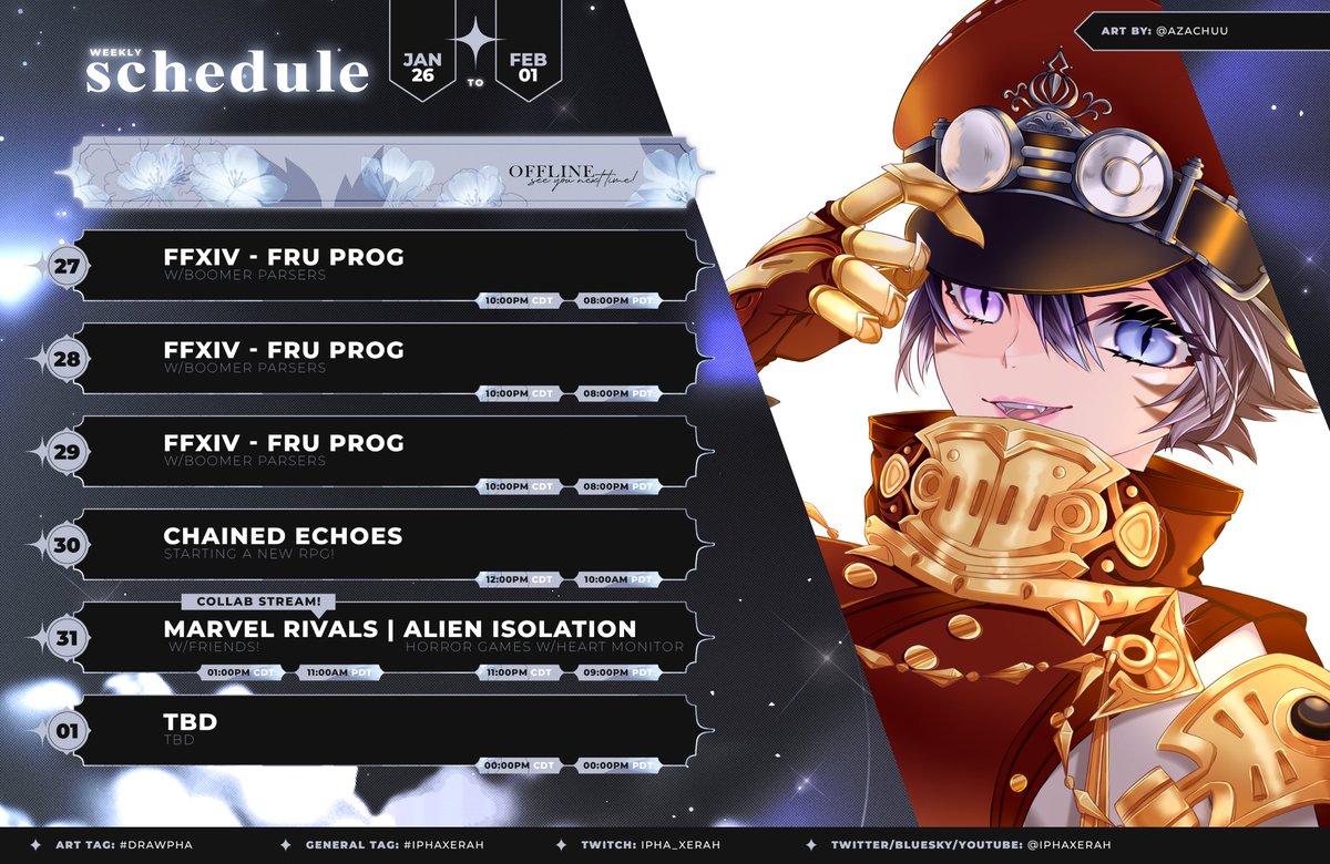 IphaXerah's tweet photo. Weekly schedule! 1/26-2/01

Gonna be working on my submission for the Big Mode game jam throughout the week, might stream more development for that. May or may not stream Saturday.

Tags are as follows -
General: #iphaxerah
Art: #drawpha https://t.co/h7KzllgOfW
