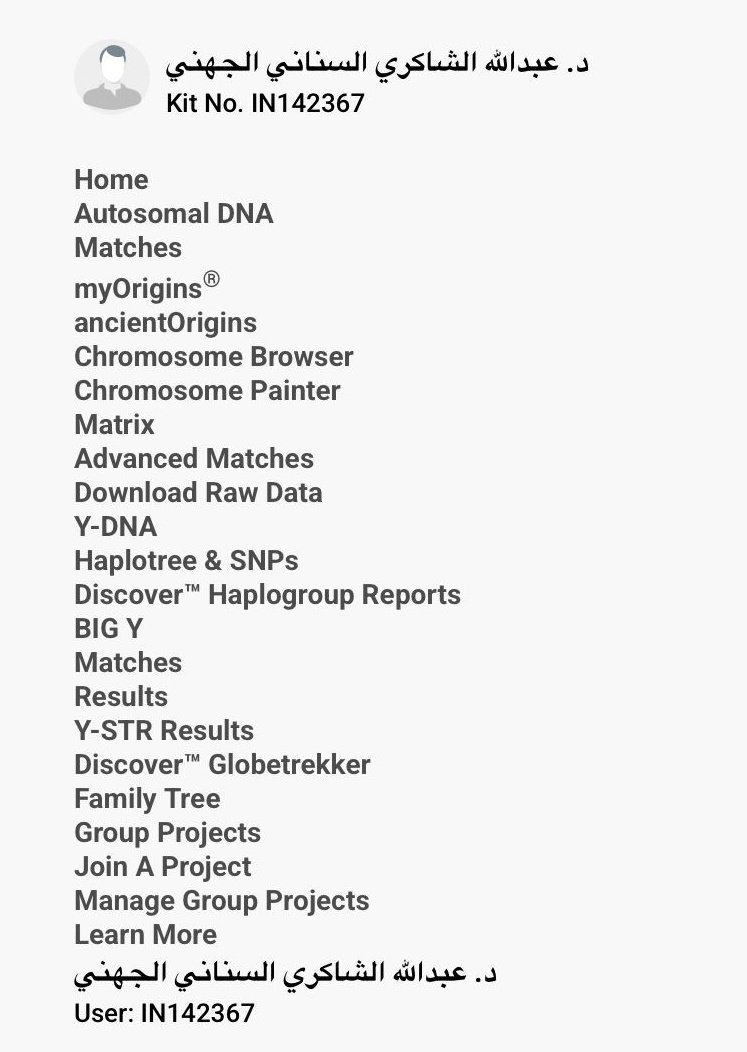 FGC8812's tweet photo. يسر مشروع ⁧#قضاعة_بن_معد⁩ الإعلان عن نتيجة Family tree DNA ⁦ بني سنان من بني موسى من جهينة 

رقم العينة :IN142367
الاسم : الدكتور عبدالله بن رمضان بن حمدان بن جزاء الشاكري السناني الجهني
الفخذ : الشواكره من الشميلات من سنان 
جاءت النتيجة متكتلة مع نتائج ⁧#جهينة⁩ على التحور FGC8810 من FGC8806 تحت خط أسلم من ⁧#قضاعة بن معد⁩ ⁦#FGC8812⁩
- جاري تطويرها بيق واي ورفعها YFull