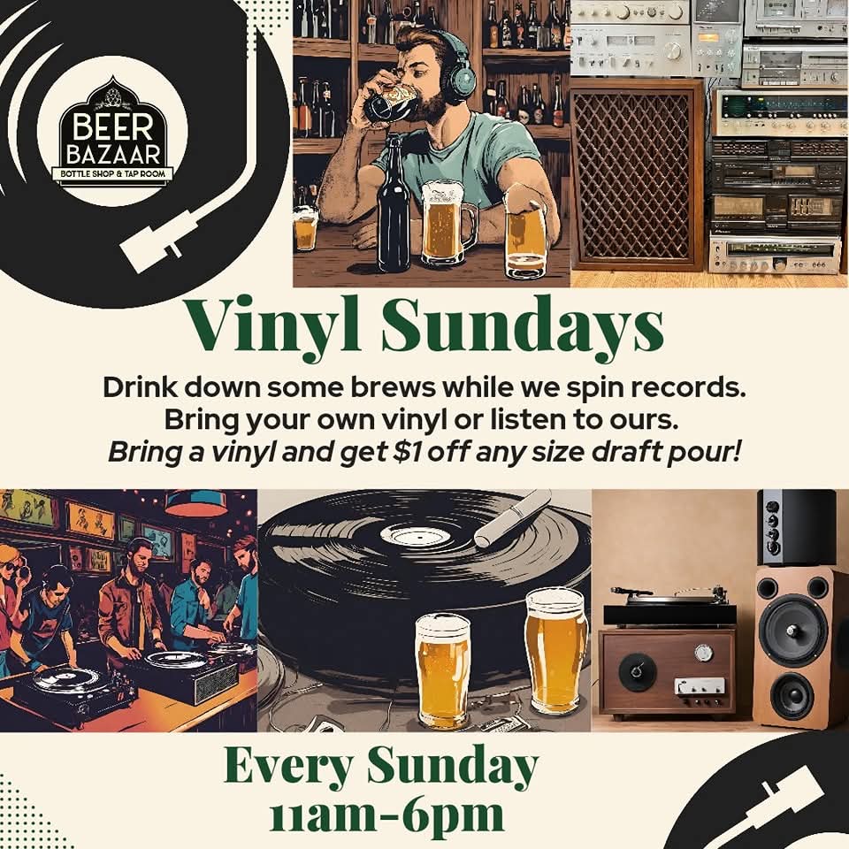 Join us weekly for our #VinylSundays. We'll be spinning vinyl ALL DAY. Come hang out, bring a friend, play a game, share some snacks. Don't forget to bring a vinyl for us to spin to get a $1 off a pour!