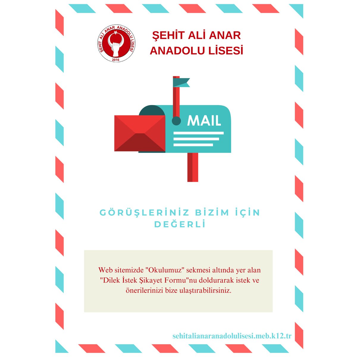 sehitalianaranadolulisesi.meb.k12.tr/icerikler/dile… bağlantısı üzerinden veya okulumuzum web sitesindeki "Okulumuz" başlığı altında bulunan "Dilek, İstek, Şikayet Formu"nu kullanarak görüşlerinizi bize iletebilirsiniz.