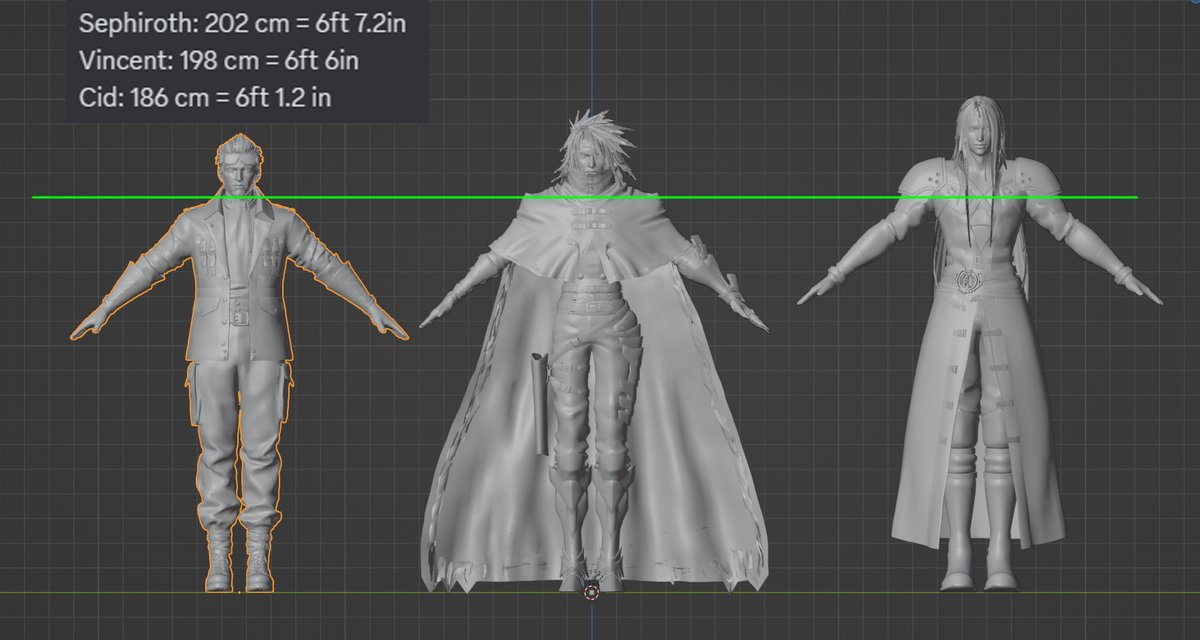 Phantomyre's tweet photo. So according to the models' dimensions, these are the heights of Cid, Vincent and Sephiroth (I don't have the other models atm). Basically everyone is ~6inches taller than their official heights. https://t.co/sQbKaeFSLG