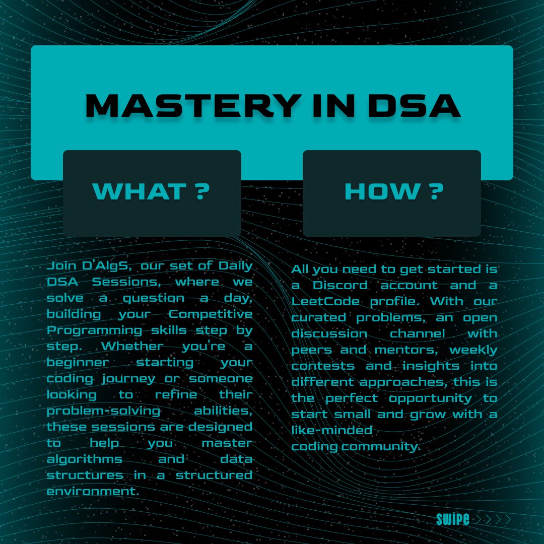 dscsrmrmp's tweet image. 🚀 Join D&apos;AlgS &amp;amp; level up your coding game! 💻
💡 Daily Leetcode challenges, weekly contests, and continuous improvement!
🗓 Starts Jan 27, 2025 | 🕑 12 PM daily | 📍 Discord
🔗 Join: discord.gg/eNR8MnNF
📸 Instagram: instagram.com/dscsrmrmp
#Coding #Leetcode #Programming