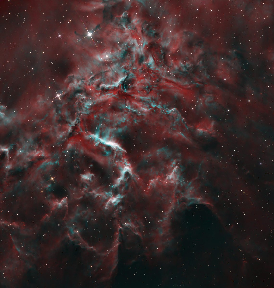 This unique image of IC 405 was taken by group member @scollinsastro
Most often seen in SHO or HOO, this take is actually HSS. The structures of this target are very unique and make for a great close up shot! 
We'd love to have you in our astro group! See the link in Bio!