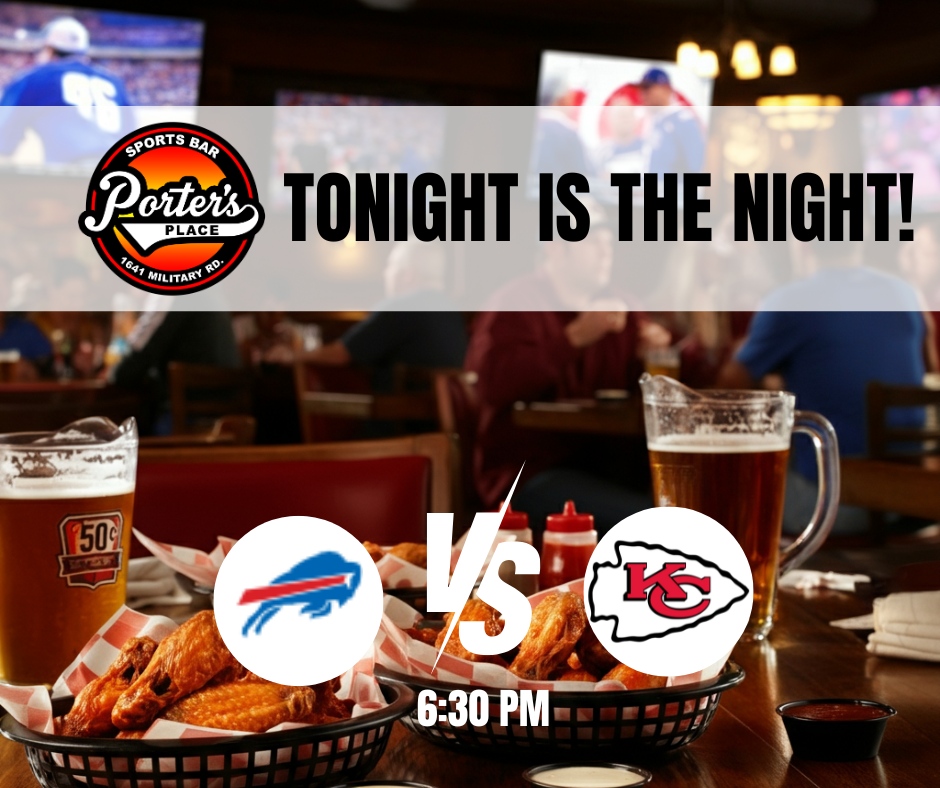 PortersPlace716's tweet photo. Tonight’s the night! 🏈🔥  

The AFC Championship game—Bills vs. Chiefs—is finally here, and you don’t want to miss it! Come grab the best seat in the house at Porters Place Sports Bar, where awesome food, ice-cold drinks, and epic football vibes are waiting for YOU! 🍻  

Gam... https://t.co/ok0GIF0ie6