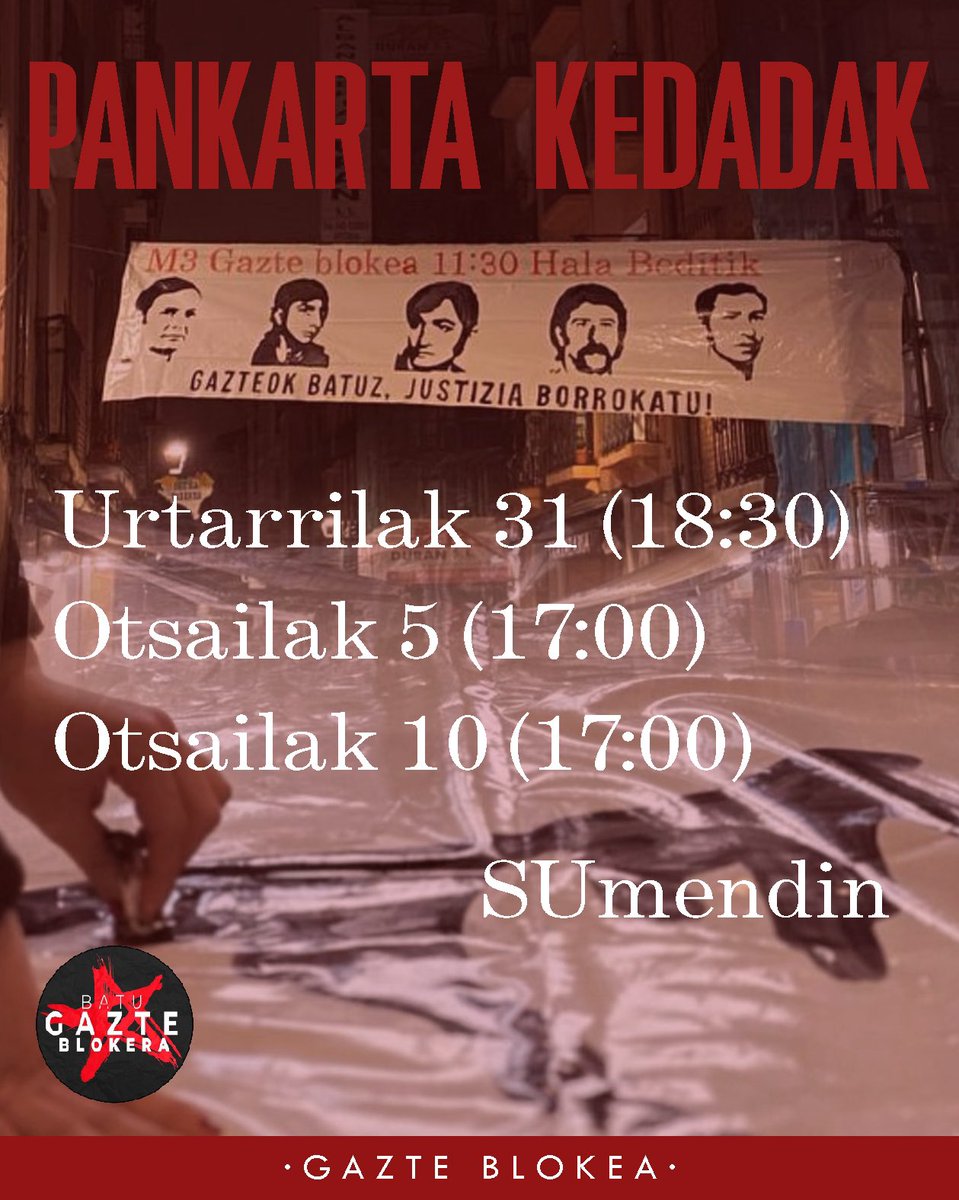 Martxan dago Gazte Blokea eta datozen asteetan pankarta kedadak egingo ditugu Martxoaren 3ari begira. Animatu eta gerturatu!

Batu Gazte Blokera! ✊🏽🌹