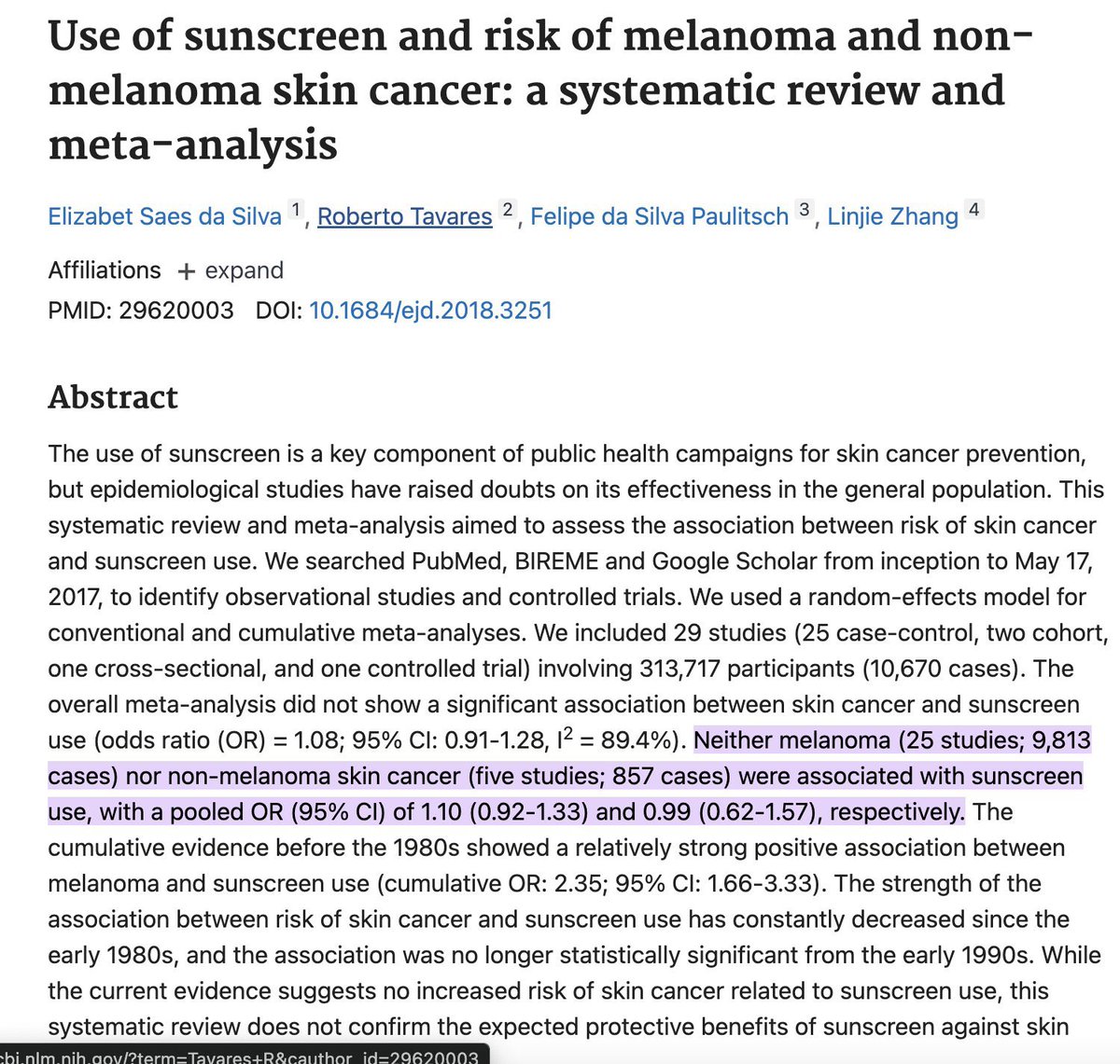 AlpacaAurelius's tweet image. This meta analysis of over 300,00 people showed that sunscreen has NO effect on reducing skin cancer.

Sunscreen is a massive scam.