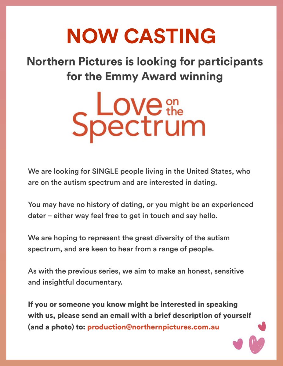SDRegionalCtr's tweet image. CASTING CALL! 🎬

Award winning @netflix series, Love on the Spectrum, is seeking single individuals on the autism spectrum who are searching for love to star in their next season. ❤️

Email production@northernpictures.com.au a description about yourself and a photo of you.