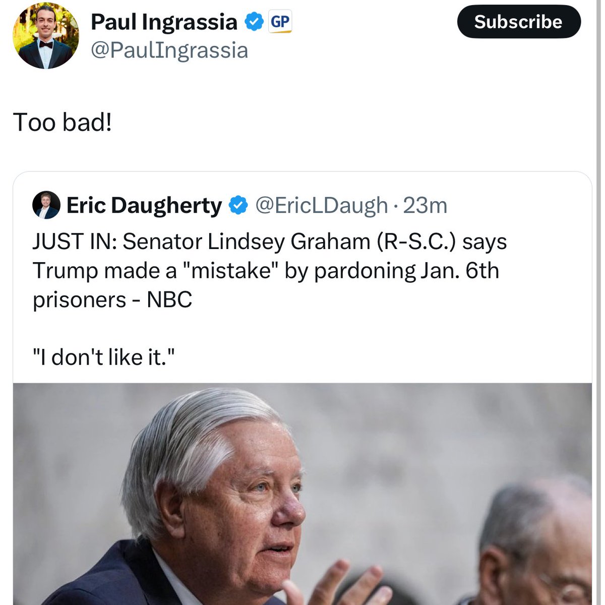 Trump’s White House Liasion for DOJ responds to Lindsey Graham’s criticism of pardons for violent Jan. 6 defendants: 

“Too bad!”