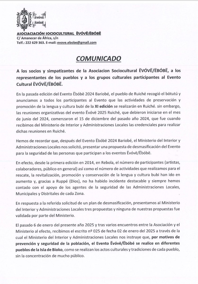 bubi_ge's tweet photo. 🔴🔴🔴 ÚLTIMAHORA|| Se suspende el evento Ëvóvë 2025 mientras se estudia de manera conjunta con las autoridades competentes cómo organizar en lo sucesivo la celebración del Día Internacional de la Lengua Materna. https://t.co/xRYB9LmDa9