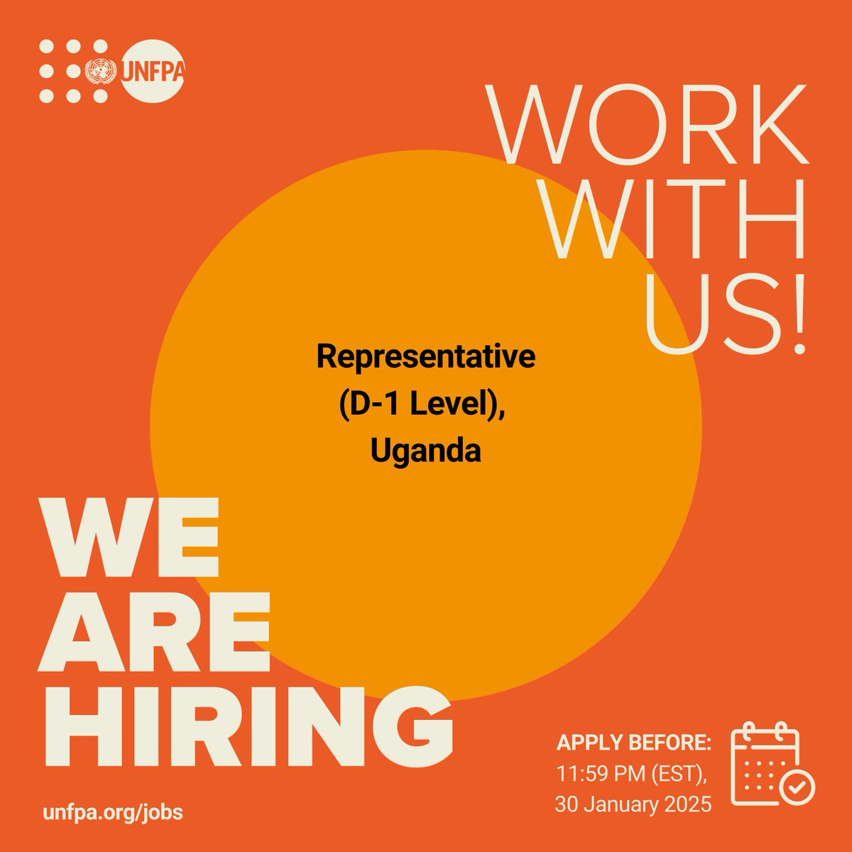 UNFPA's tweet photo. ⚠️ #JobAlert: We are looking for a Representative (D-1) in #Uganda to lead the country team.

Spread the word and apply here before 30 January 2025 (11:59 PM EST): https://t.co/Uvc8VFbNeh 

#UNJobs https://t.co/pt2gO77Cwy