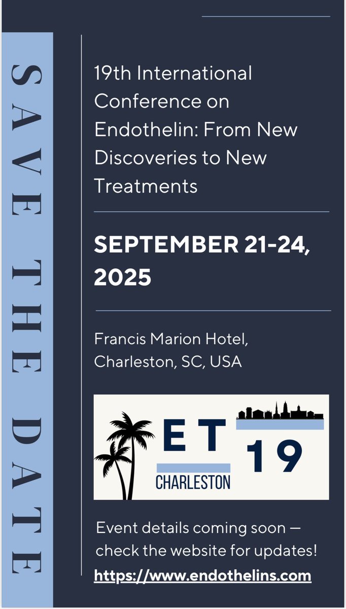 Jvanbeusecum's tweet image. We as co-organizers are thrilled to announce the 19th International Conference on Endothelin Research: From New Discoveries to New Treatments. 

See the Save the Date below for details and get your abstracts ready!