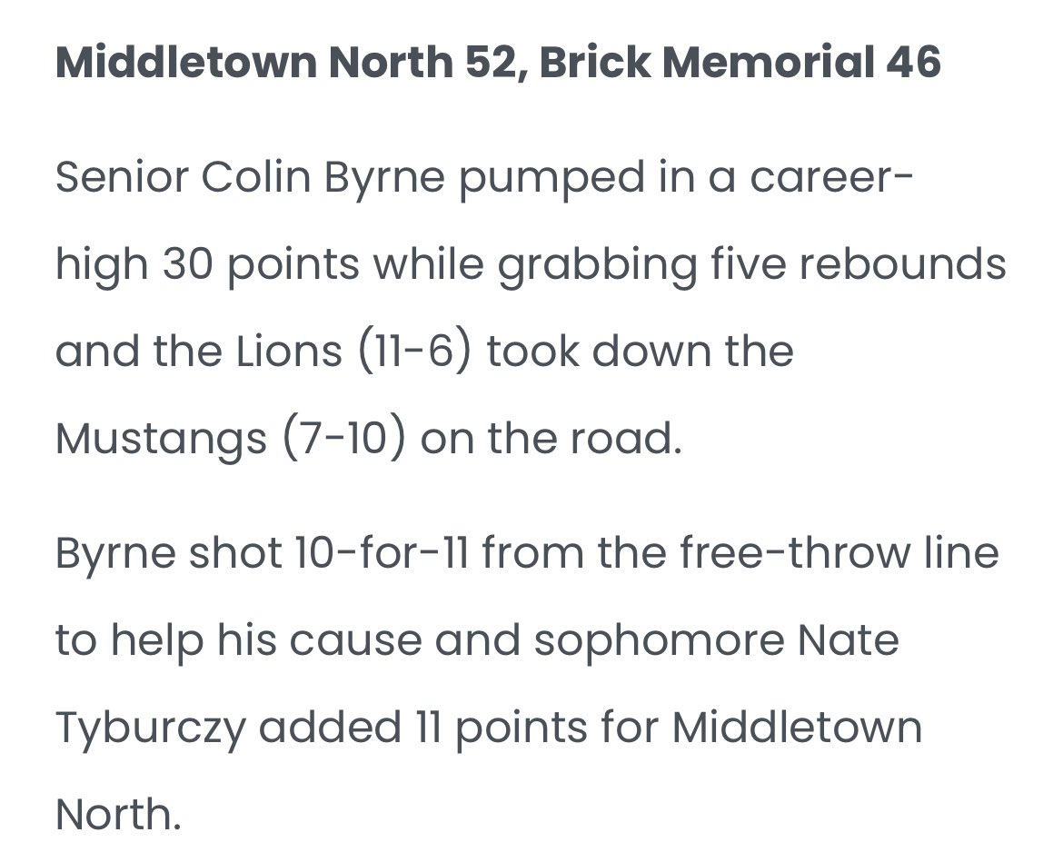 Colin Byrne (@cbyrne_22) on Twitter photo Career High 30 points yesterday in a win against Brick Memorial as we improve to 11-6 on the season! Huge week coming up as we have 3 divisional matchups!!!
<a href="/MHSN_Hoops/">Middletown North BBall</a> Career High 30 points yesterday in a win against Brick Memorial as we improve to 11-6 on the season! Huge week coming up as we have 3 divisional matchups!!!
<a href="/MHSN_Hoops/">Middletown North BBall</a>