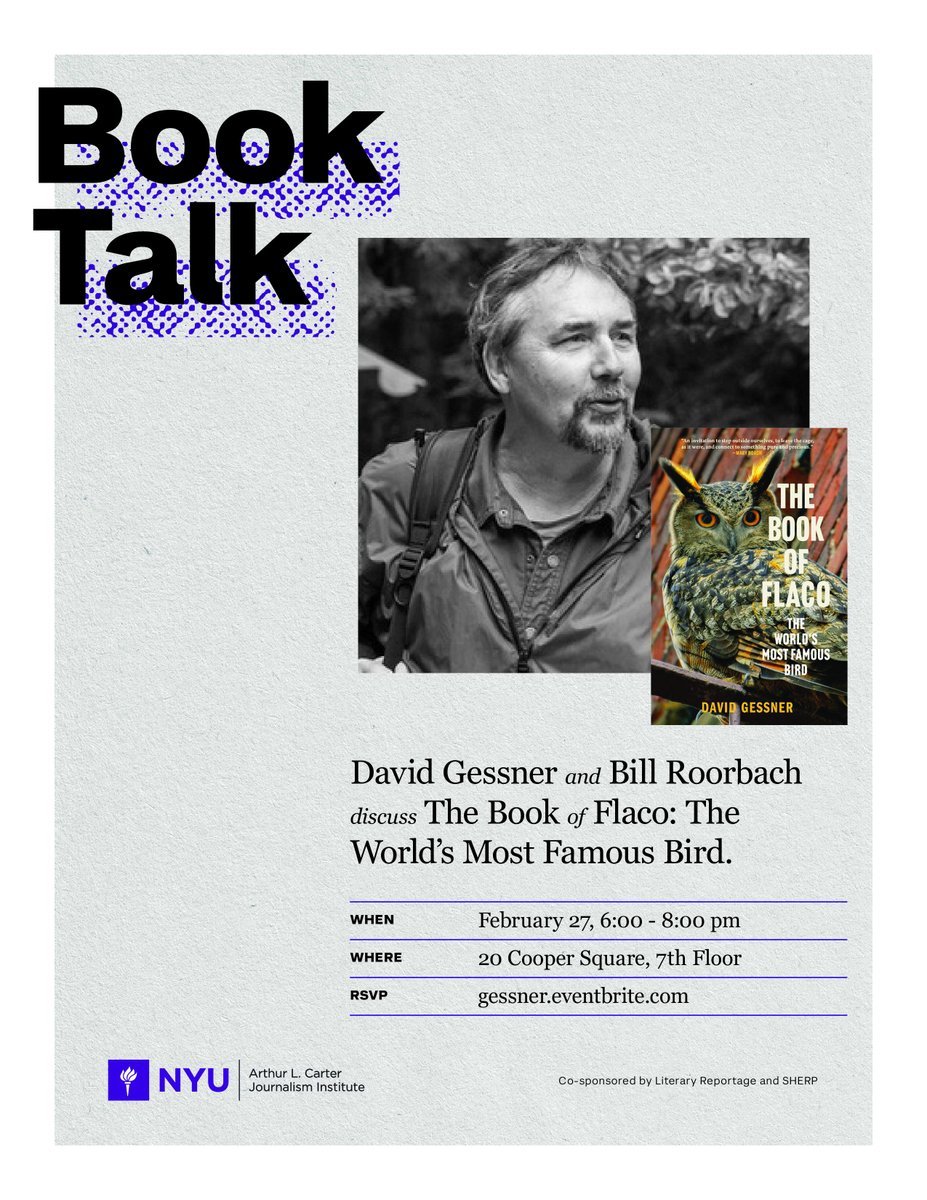 Come join <a href="/writingosprey/">David Gessner</a> and <a href="/billroorbach/">Bill Roorbach</a> on February 27 <a href="/nyu_journalism/">NYU Journalism</a> to discuss The Book of Flaco <a href="/litrep_nyu/">Literary Reportage at NYU</a> @