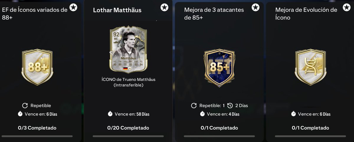 El Contenido de EA FC 25 para Hoy es:

🔹Matthaus Thunder: 84, 2 x 85 + IF, 2 x 86 + IF, 4 x 87, 4 x 88, 5 x 89
🔹Mejora Evolución Icono: 85 + IF
🔹Mejora 3 x 85+ Delanteros: 85 + IF
🔹Elección Iconos Variados 88+: 86 + IF, 87 + IF, 89