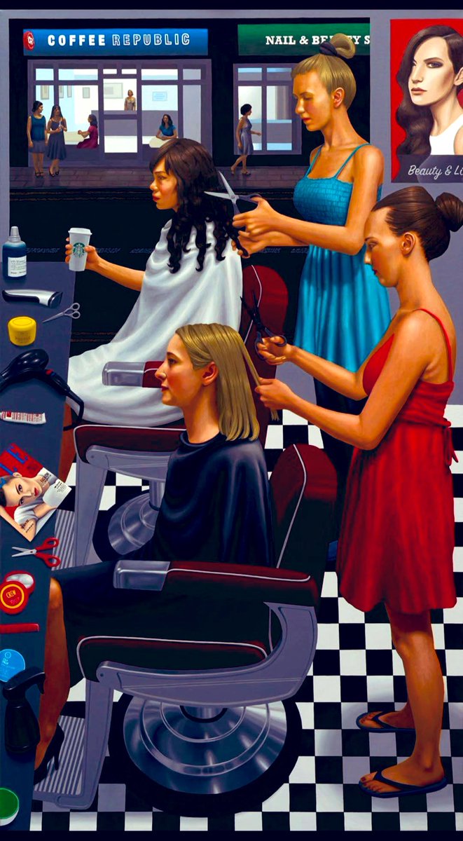 🟠 Hairdresser's at Night 🔴 ca.2021 by Carl Randall (British, b.1975) He is a graduate of The Slade School of Fine Art, The Royal Drawing School London, &amp; Tokyo Univ. of Arts Japan. Carl is multi-award-winning artist, he focuses on images of modern Japan &amp; London.✍🏼🎨