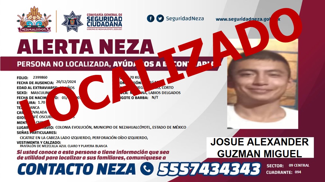 AlertaNeza's tweet image. #AlertaNeza | Agradecemos tu ayuda, #Josué Alexander Guzmán Miguel ha sido localizado.