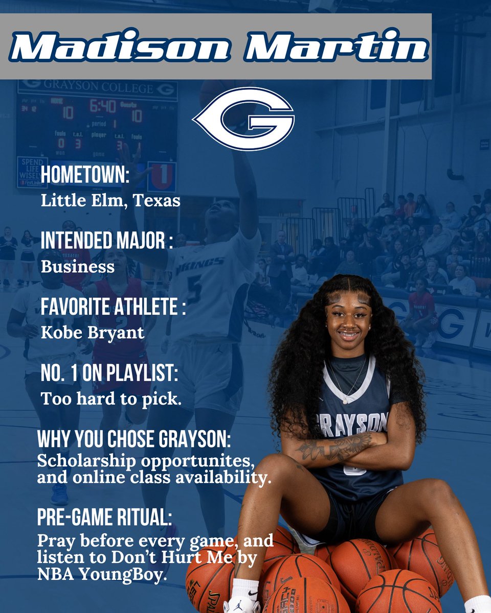 Grayson College Women's Basketball (@graysonwbb) on Twitter photo Letโs learn more about our 2024-25 Vikings!
Meet our leading scorer from Saturday, Madison Martin! Madison is a 5โ4 freshman guard!
<a href="/CoachBSimm0/">Simeon Burton</a> Letโs learn more about our 2024-25 Vikings!
Meet our leading scorer from Saturday, Madison Martin! Madison is a 5โ4 freshman guard!
<a href="/CoachBSimm0/">Simeon Burton</a>
