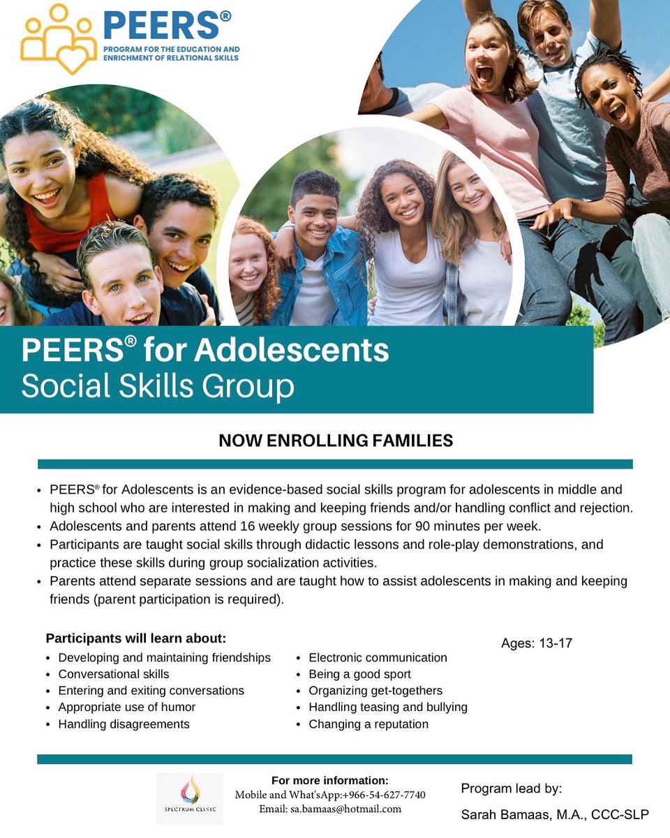 SarahBamaas's tweet photo. 🌟 PEERS® Social Skills Program 🌟
Does your teen (13-17) struggle with friendships?
PEERS®, an evidence-based program in English, teaches teens how to build and maintain friendships.
📞 Eligibility-based. Schedule a free phone consultation today!
#PEERSProgram #SLP https://t.co/MQh8doXkej