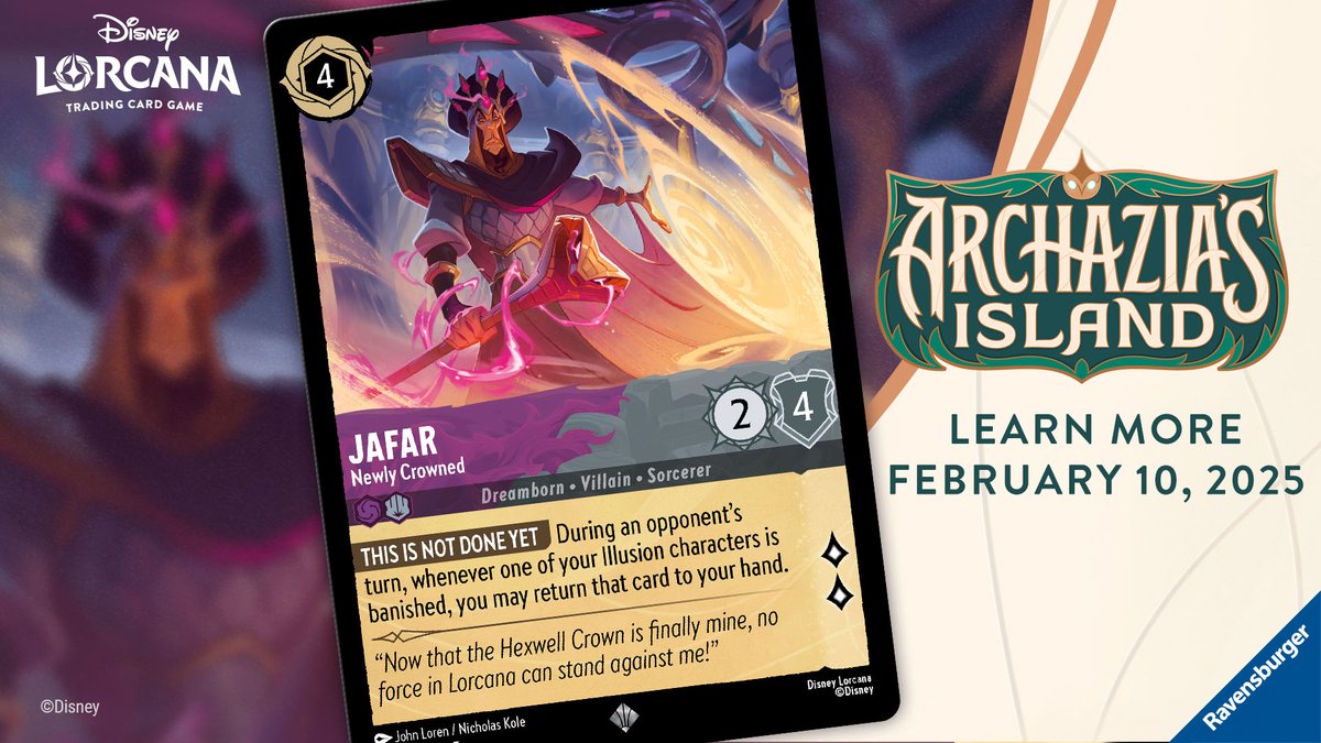 New Lorcana card!! We finally get to see what Jafar does THIS NOT DONE YET During an opponent's turn, whenever one of your Illusion characters is banished, you may return that card New Lorcana card!! We finally get to see what Jafar does THIS NOT DONE YET During an opponent's turn, whenever one of your Illusion characters is banished, you may return that card