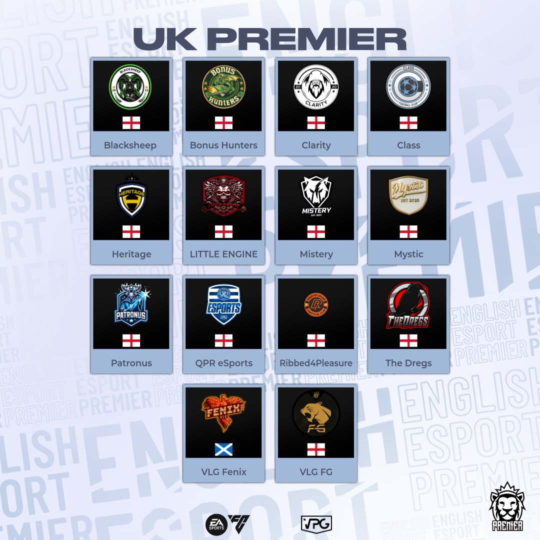 VPG UK Leagues (@vpguk) on Twitter photo 🙌🏽 Welcome to the UK Premier 🦁
🏆 Who is going to be crowned 👀
<a href="/BonusHuntersFC/">Bonus Hunters</a>
<a href="/ClarityFIFA/">Clarity</a>
<a href="/ClassFIFA_/">Class</a>
<a href="/FGFIFA_/">VLG FG</a>
<a href="/HeritageFIFA/">Heritage</a>
@Mystic_11s
@Lil_Engine_VPG
<a href="/MisteryFIFA/">Mistery</a>
<a href="/VPG_Blacksheep/">Blacksheep VPG</a>
<a href="/VPGPatronus/">Patronus</a>
<a href="/QPResports/">QPR eSports</a>
@R4P2010_
<a href="/thedregs11/">TheDregs</a>
<a href="/FenixEsports_/">Fenix eSports</a>
#FC25 #EAFC #ProClubs 🙌🏽 Welcome to the UK Premier 🦁
🏆 Who is going to be crowned 👀
<a href="/BonusHuntersFC/">Bonus Hunters</a>
<a href="/ClarityFIFA/">Clarity</a>
<a href="/ClassFIFA_/">Class</a>
<a href="/FGFIFA_/">VLG FG</a>
<a href="/HeritageFIFA/">Heritage</a>
@Mystic_11s
@Lil_Engine_VPG
<a href="/MisteryFIFA/">Mistery</a>
<a href="/VPG_Blacksheep/">Blacksheep VPG</a>
<a href="/VPGPatronus/">Patronus</a>
<a href="/QPResports/">QPR eSports</a>
@R4P2010_
<a href="/thedregs11/">TheDregs</a>
<a href="/FenixEsports_/">Fenix eSports</a>
#FC25 #EAFC #ProClubs