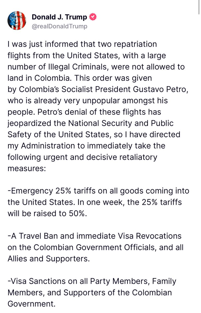 lcvelez's tweet photo. #Urgente - Presidente Trump anuncia una serie de acciones y sanciones inmediatas contra Colombia tras decisión de Gustavo Petro de negar ingreso con deportados 
@UniNoticias https://t.co/ownPw8Pnlq