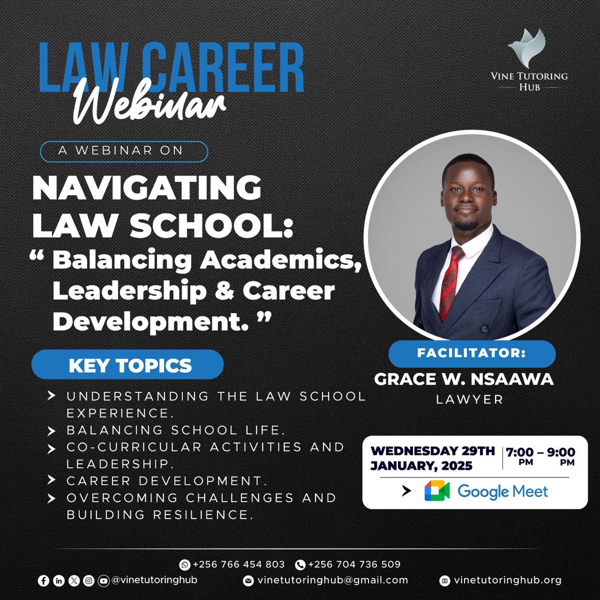 VineTutoringHub's tweet photo. 📚⚖️ Join us for a Law Career Webinar: “Navigating Law School” with @nsaawa_grace.

✨ Topics: Excel academically, balance life, lead effectively, &amp; grow your career through internships and networking.

🗓️Jan 29 | ⏰7-9 PM EAT | 📍Google Meet.📌

Register: https://t.co/VUfyCpOQk5 https://t.co/6i5ynIzbYp