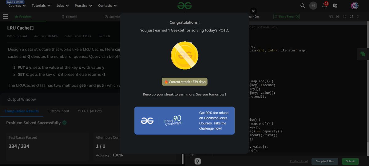 harshitgupta100's tweet photo. 🚀 Day 74 of #GfG160 Challenge 🎯
✅ Solved: LRU Cache
Let's keep the streak going! 💪
#gfg160  #geekstreak2024 @GeeksforGeeks https://t.co/sTl73VwDmp