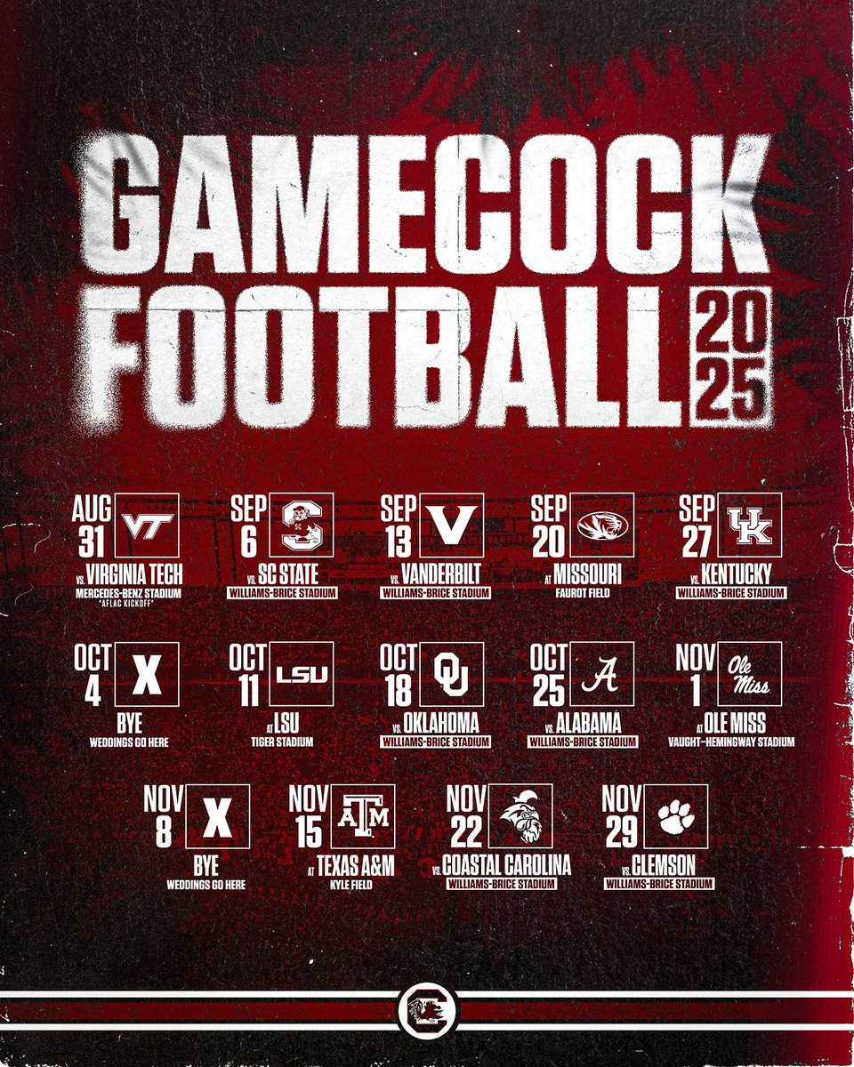 peyton31w's tweet photo. Check out what's planned for the 2025 @GamecockFB season and get your tickets today!

➡️https://t.co/0e1M0jkFVM

#Gamecocks | #ForeverToThee https://t.co/fGDOtw8xHn
