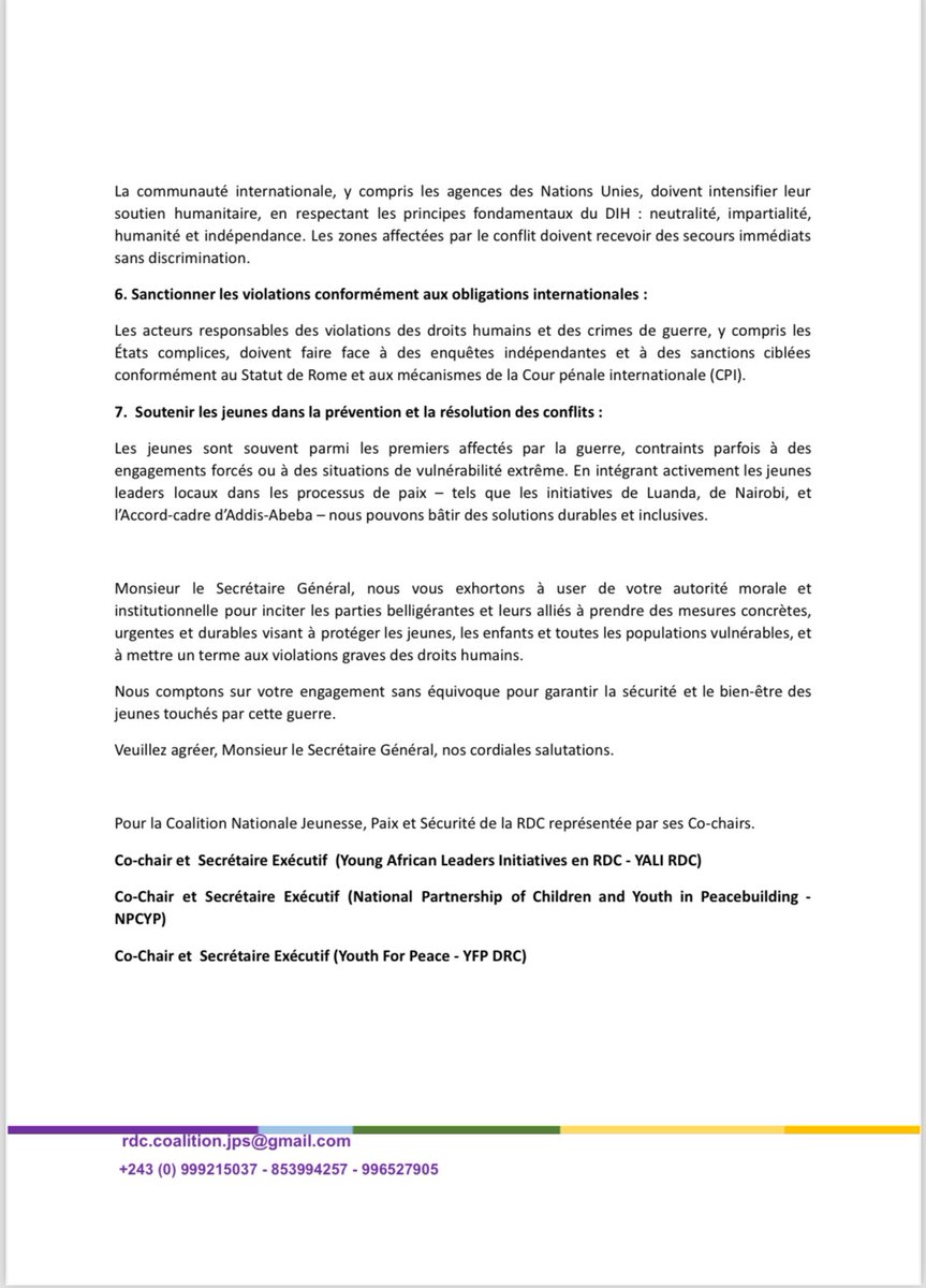 Secretariat Technique National 2250-RDC (@stn2250_rdc) on Twitter photo Lettre ouverte adressée au Secrétaire Général de l'ONU sur la situation sécuritaire et humanitaire préoccupante dans l'Est de la République Démocratique du Congo.
<a href="/jeunesseEP_RDC/">MINISTÈRE DE LA JEUNESSE ET ÉVEIL PATRIOTIQUE 🇨🇩</a> <a href="/MONUSCO/">MONUSCO</a> <a href="/UN_BintouKeita/">Bintou Keita</a> <a href="/UN_Lemarquis/">Bruno Lemarquis</a> <a href="/AUBinetaDiop/">Bineta Diop</a> Lettre ouverte adressée au Secrétaire Général de l'ONU sur la situation sécuritaire et humanitaire préoccupante dans l'Est de la République Démocratique du Congo.
<a href="/jeunesseEP_RDC/">MINISTÈRE DE LA JEUNESSE ET ÉVEIL PATRIOTIQUE 🇨🇩</a> <a href="/MONUSCO/">MONUSCO</a> <a href="/UN_BintouKeita/">Bintou Keita</a> <a href="/UN_Lemarquis/">Bruno Lemarquis</a> <a href="/AUBinetaDiop/">Bineta Diop</a>
