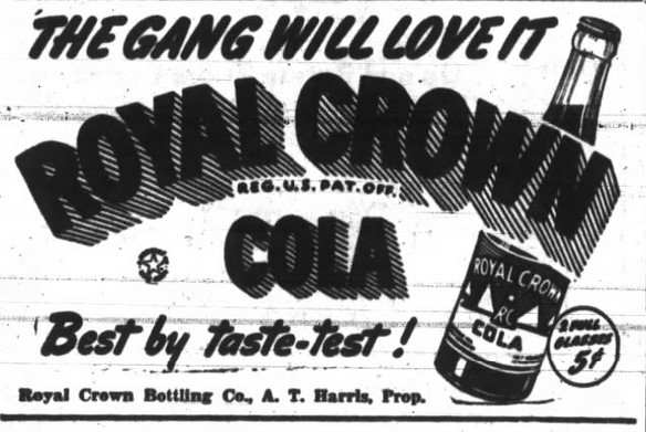 MusicArchive60's tweet photo. Royal Crown Cola Ad. Anniston (AL) Star December 1945.  #advertising #cola #royalcrown #soda #pop #1940s  #beverage https://t.co/loqKjq69uo