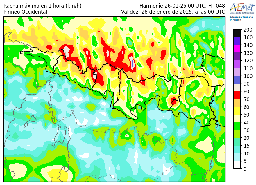 AEMET_Aragon's tweet photo. Espesores de #nieve❄️y rachas máx #viento💨previstos en #Pirineos #Huesca a medianoche del LUN 27 y MAR 28. En zonas de acumulación, especialmente en la divisoria de @Altogallegoturi pueden alcanzarse 3 m, pero la fuerte #ventisca (hasta 140 km/h) dejará notables diferencias https://t.co/s3R7ZuQci0