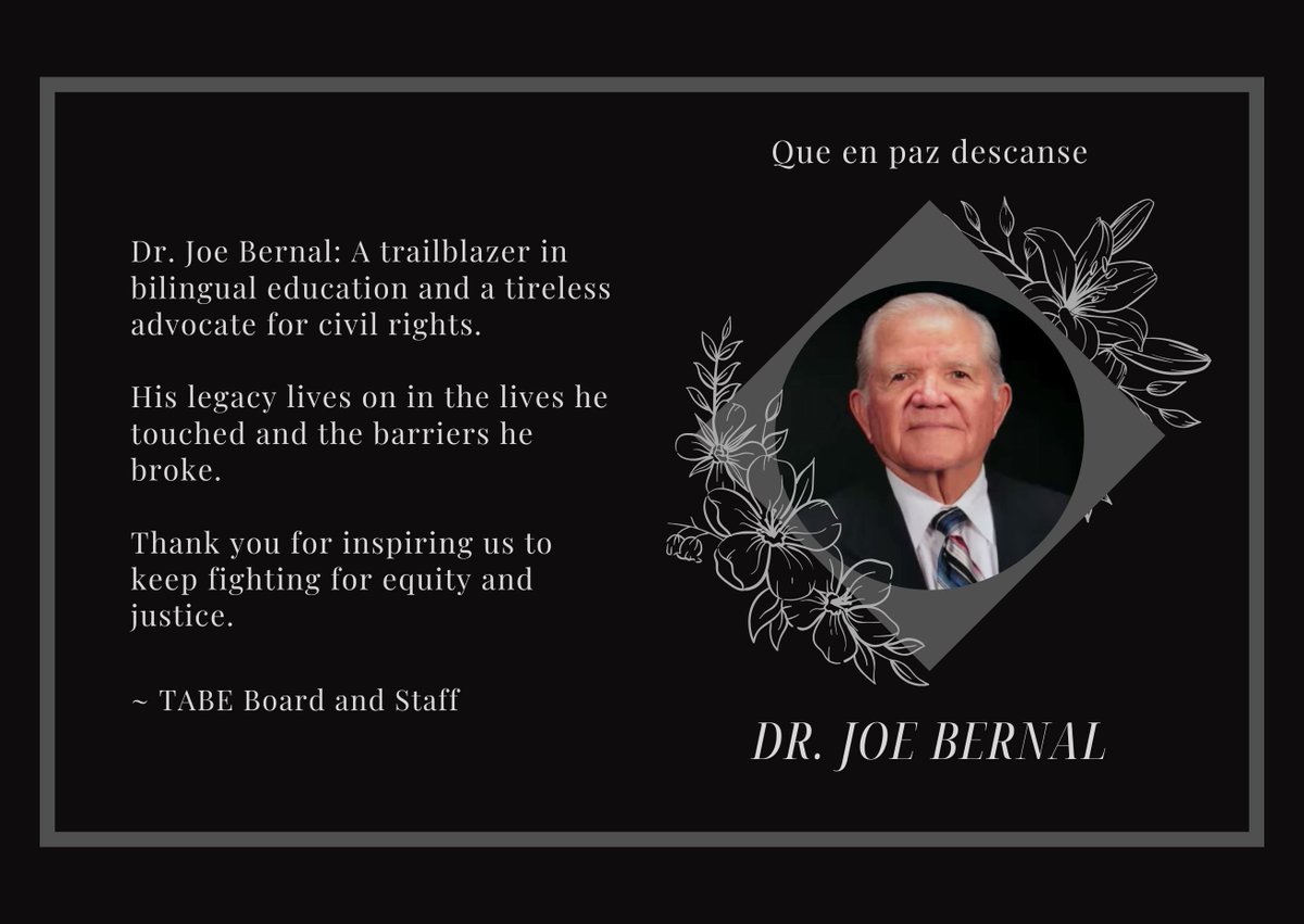 Today, we mourn the loss of Dr. Joe Bernal, a true champion of #bilingual education and civil rights. His legacy of advocacy and leadership has paved the way for generations of students and educators. May we honor his work by continuing the fight for equity &amp; justice #RestInPower